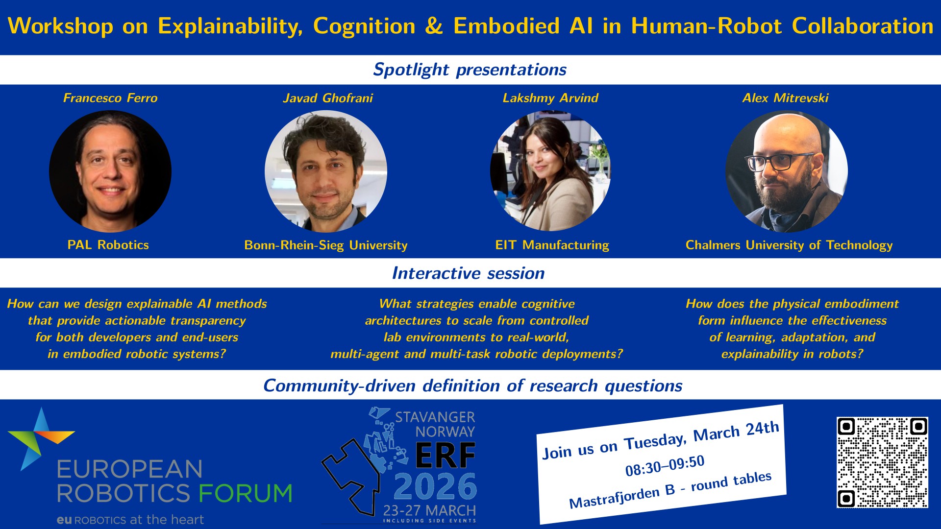 Promo banner for the workshop including the images and names of the invited speakers, the interactive session topics, and logistics information